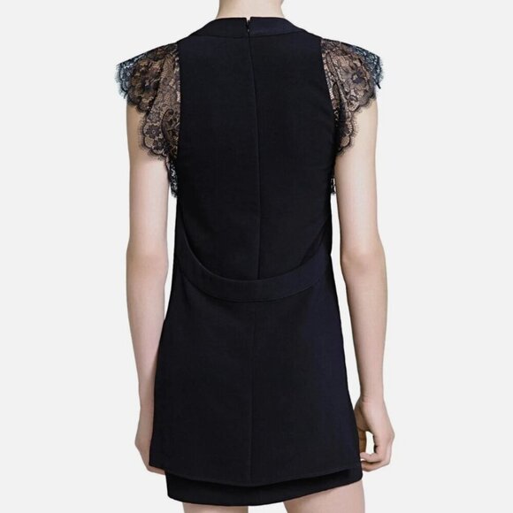 The Kooples Crepe Black Lace Short Cap Sleeve Square Neck Mini Dress Small 4 - Picture 2 of 11